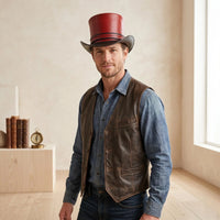 Handmade Red Leather Steampunk Top Hat – Victorian Gothic Cosplay & Festival Headwear
