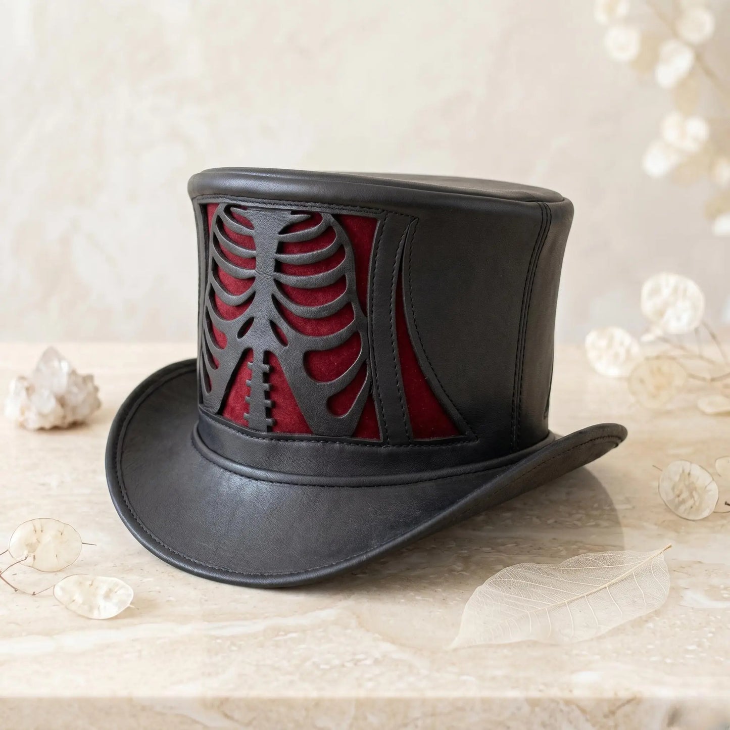 Gothic Skeleton Top Hat with Red Rib Cage Panel – Steampunk & Dark Fantasy Costume Accessory