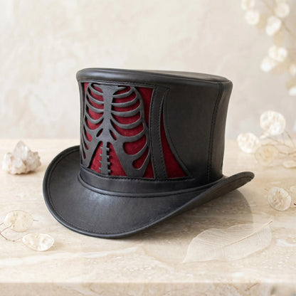 Gothic Skeleton Top Hat with Red Rib Cage Panel – Steampunk & Dark Fantasy Costume Accessory