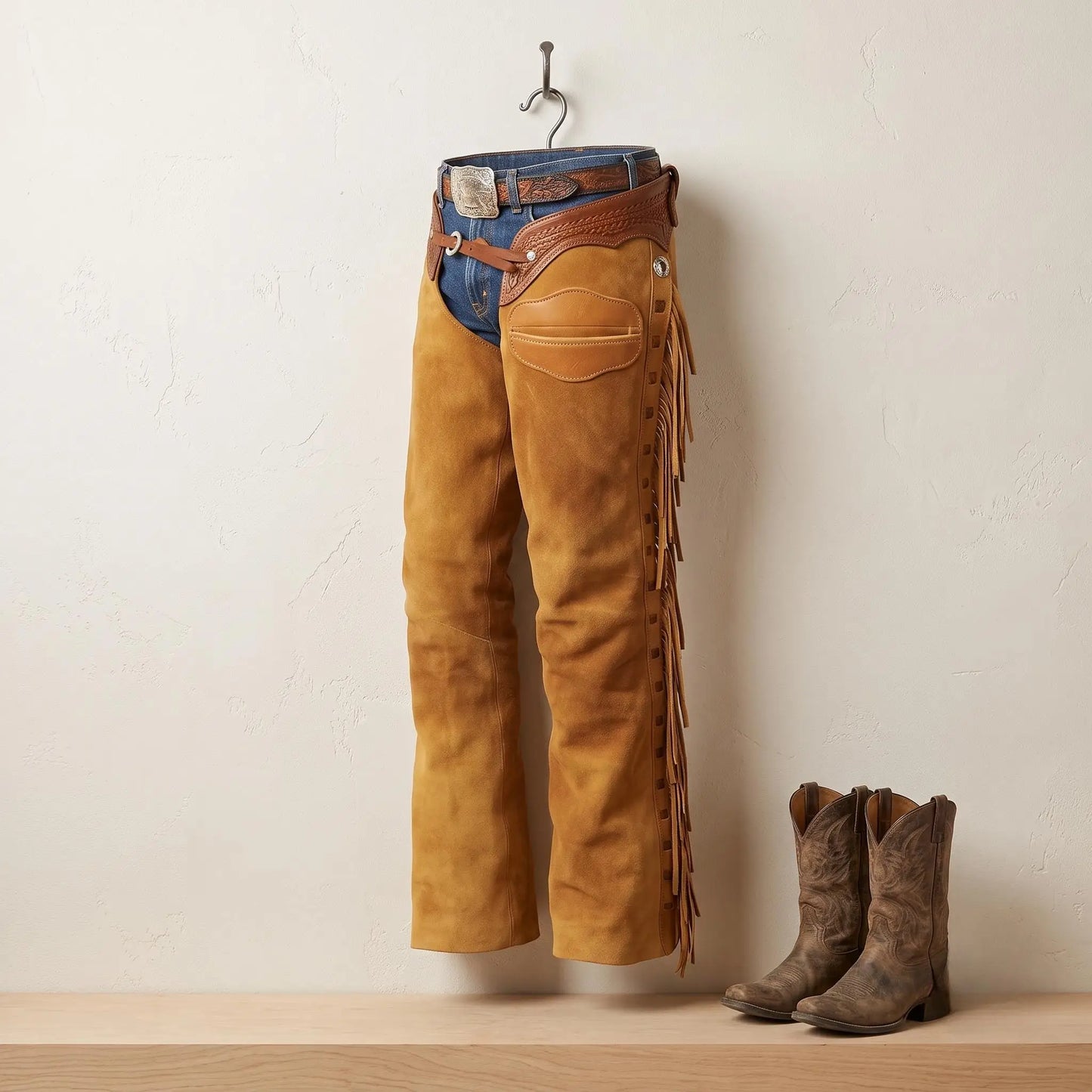 Western Cowboy Suede Leather Riding Chaps with Fringes