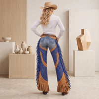 Handmade Cowgirl Suede & Blue Leather Rodeo Chaps | Western Fringe Riding Pants