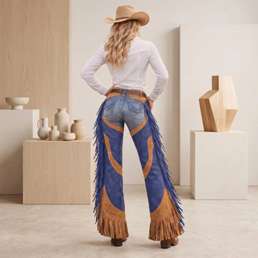 Handmade Cowgirl Suede & Blue Leather Rodeo Chaps | Western Fringe Riding Pants
