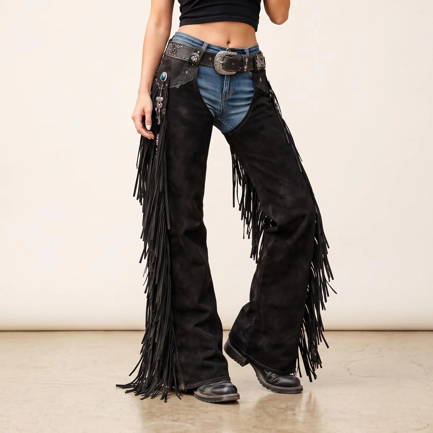 Women’s Handmade Black Cowgirl Chaps | Genuine Suede Leather Rodeo Fringe Chaps