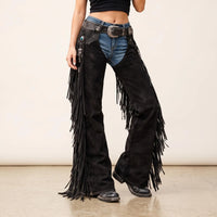 Women’s Handmade Black Cowgirl Chaps | Genuine Suede Leather Rodeo Fringe Chaps