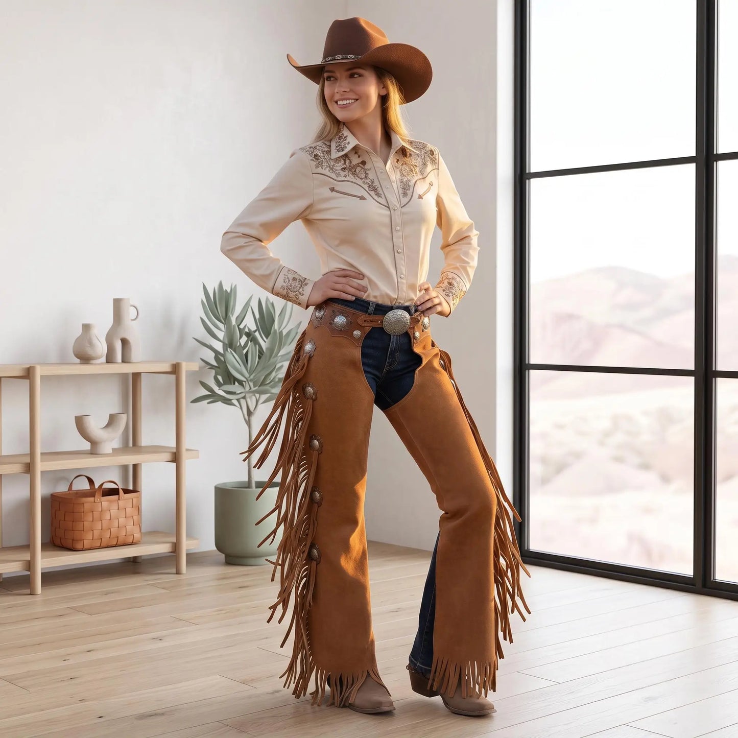Women’s Brown Leather Fringe Chaps | Western Cowgirl Rodeo Pants