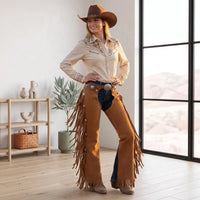 Women’s Brown Leather Fringe Chaps | Western Cowgirl Rodeo Pants