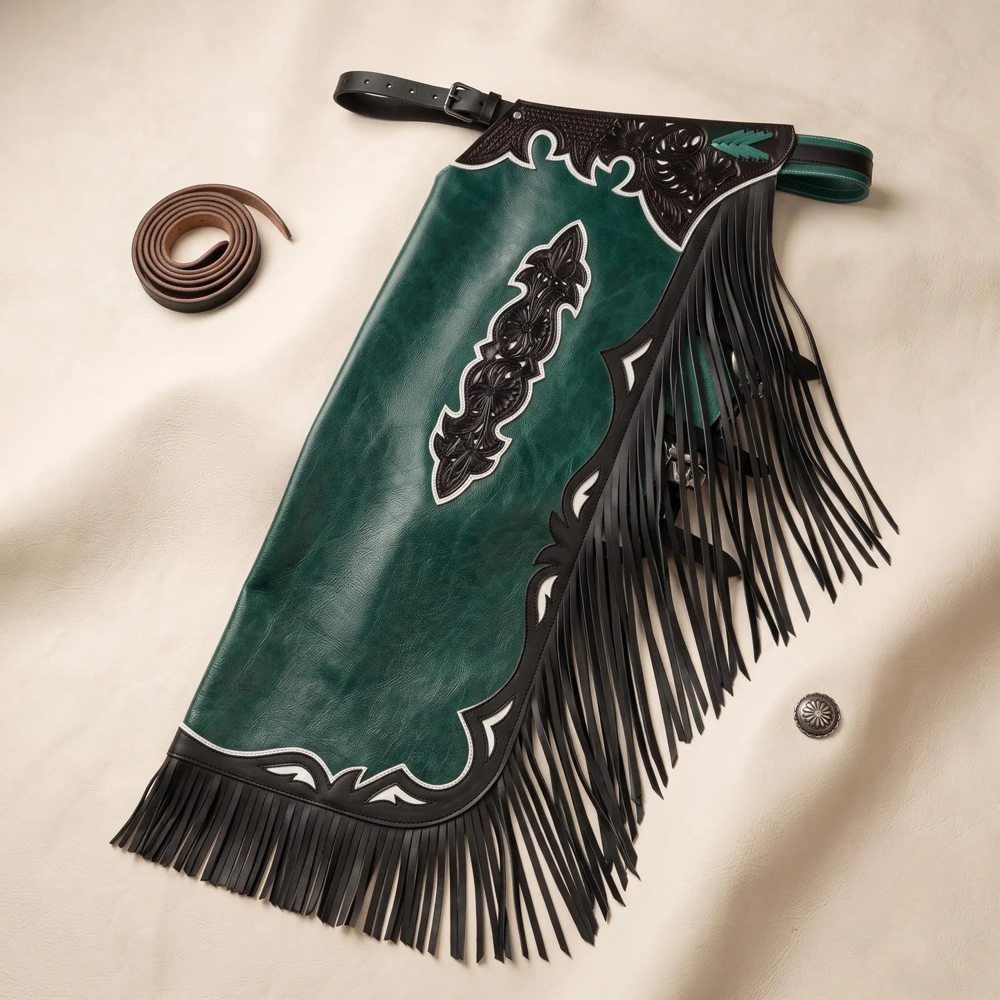 Hand-Tooled Leather Rodeo Chaps | Green Western Show Bull Riding Gear