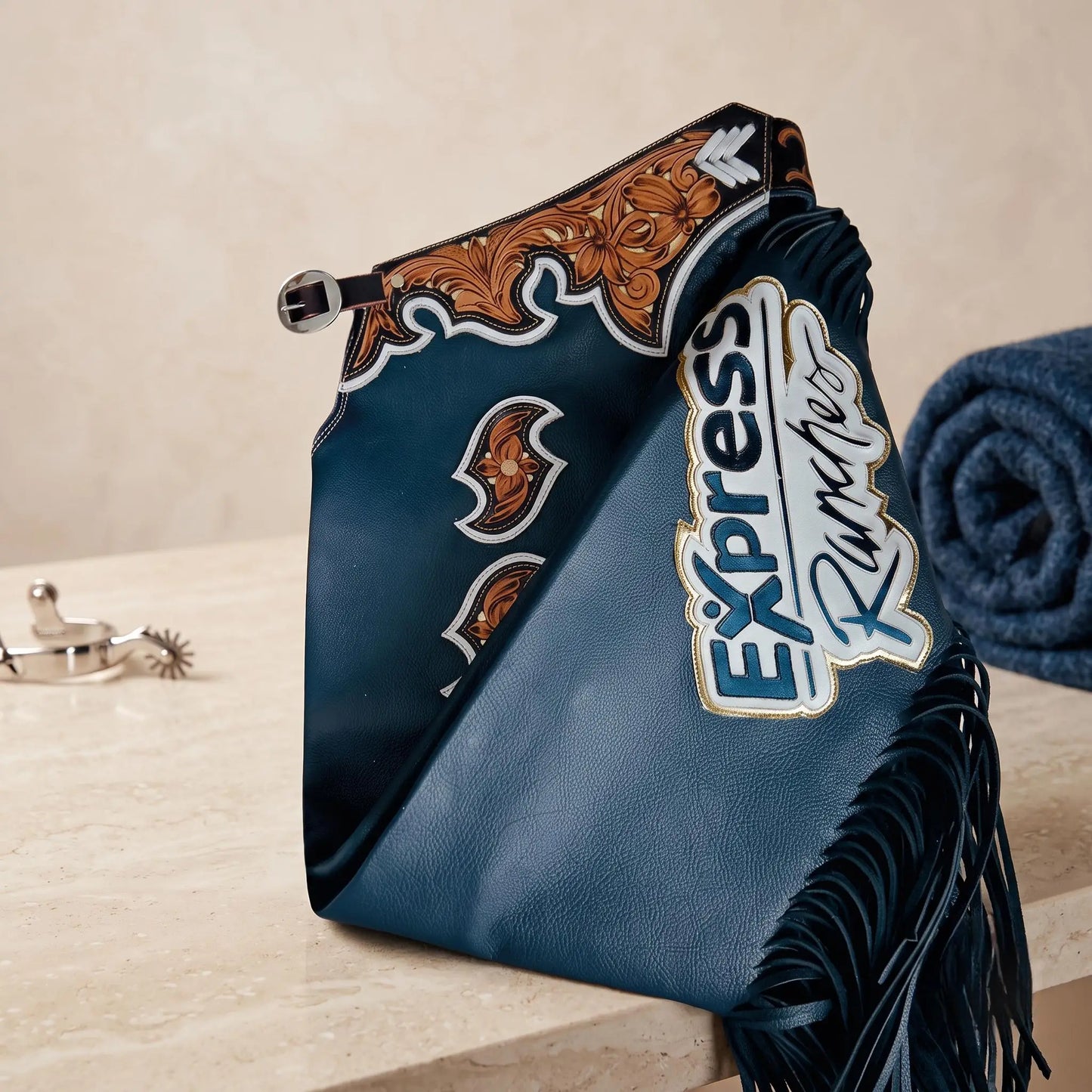 Hand-Tooled Blue Leather Rodeo Chaps – Western Show & Bull Riding Gear