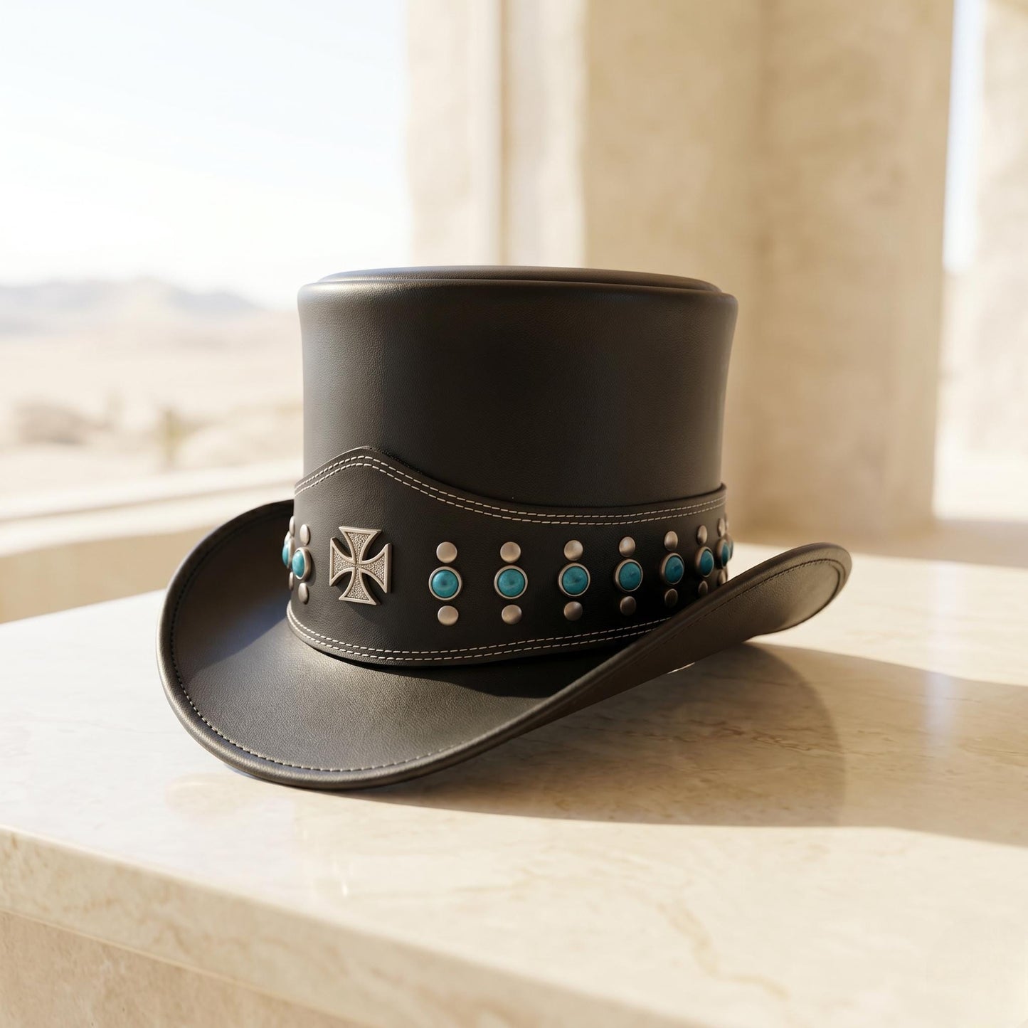 Handmade Black Leather Steampunk Top Hat | Gothic & Festival Fashion