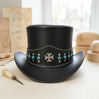Handmade Black Leather Steampunk Top Hat | Gothic & Festival Fashion