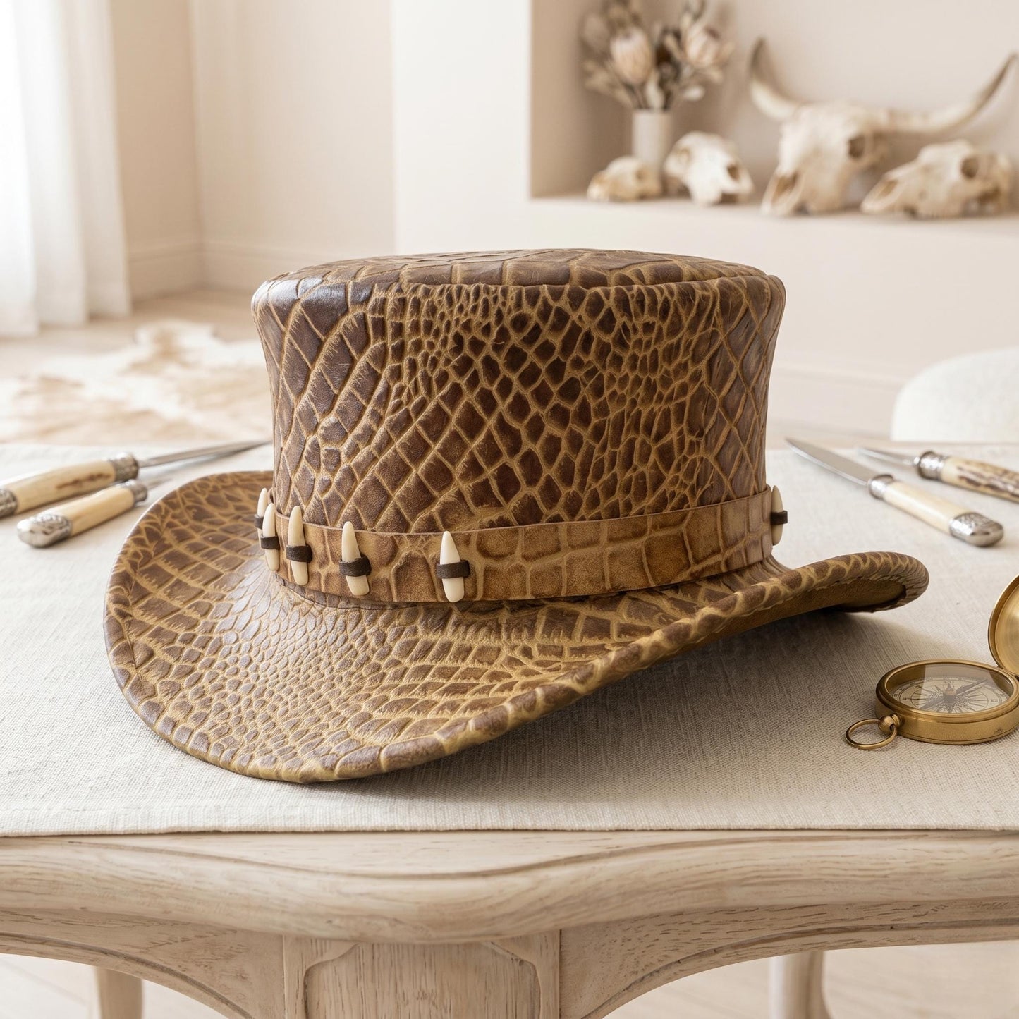 Brown Reptile-Embossed Leather Top Hat: Steampunk Victorian Accessory