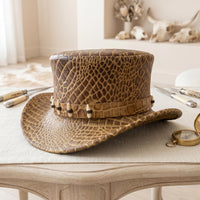 Brown Reptile-Embossed Leather Top Hat: Steampunk Victorian Accessory
