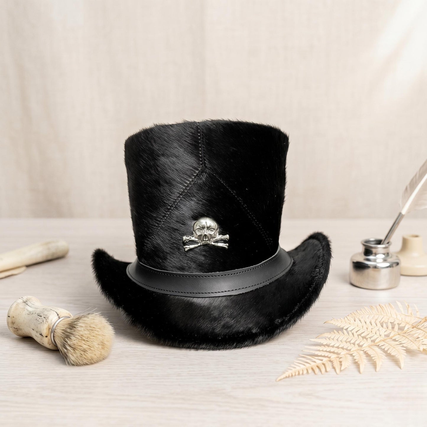 Black Fur Gothic Top Hat with Skull Emblem | Steampunk Victorian Statement Hat