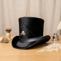 Black Fur Gothic Top Hat with Skull Emblem | Steampunk Victorian Statement Hat