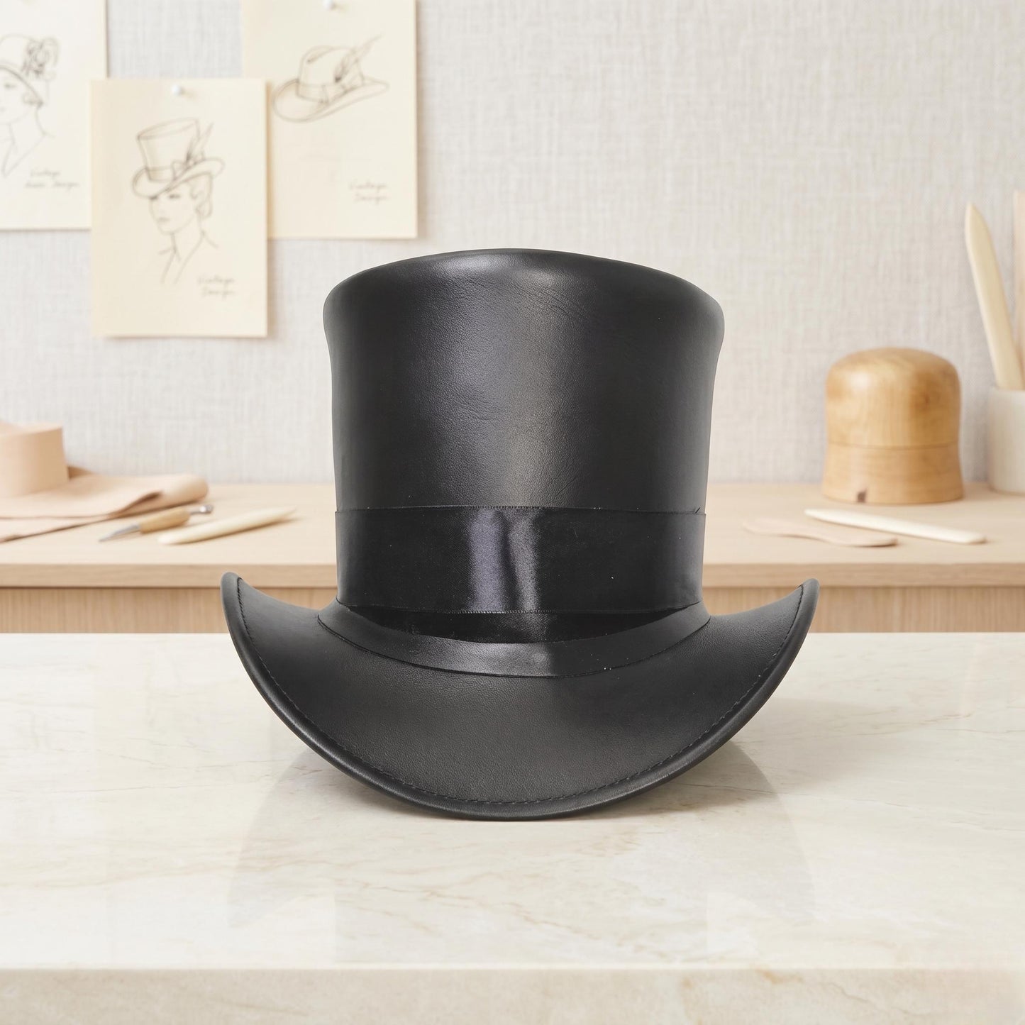 Handmade Black Leather Top Hat – Steampunk & Gothic Victorian Style
