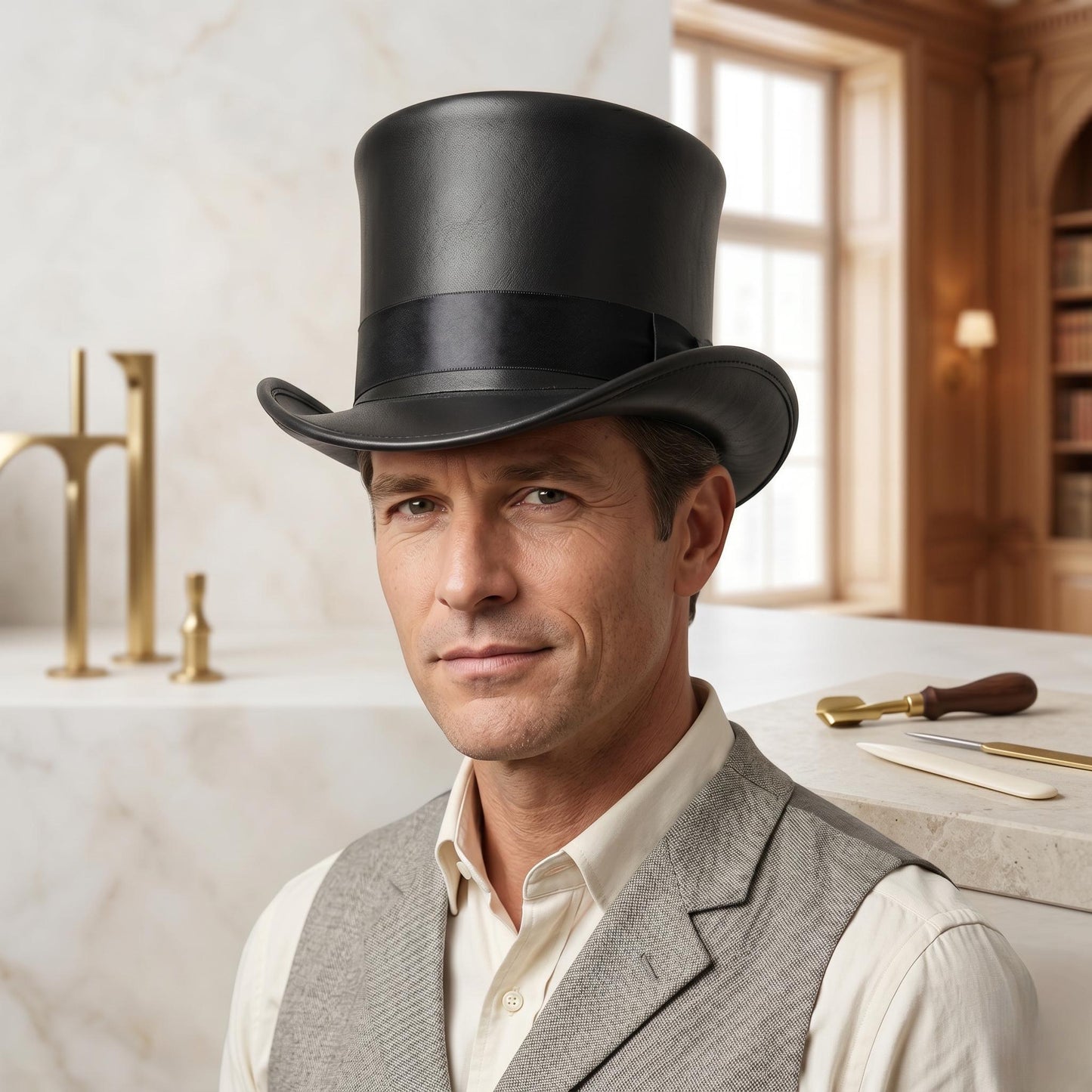 Handmade Black Leather Top Hat – Steampunk & Gothic Victorian Style