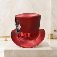 Red Metallic Leather Top Hat with Feather Accent – Steampunk & Festival Headwear