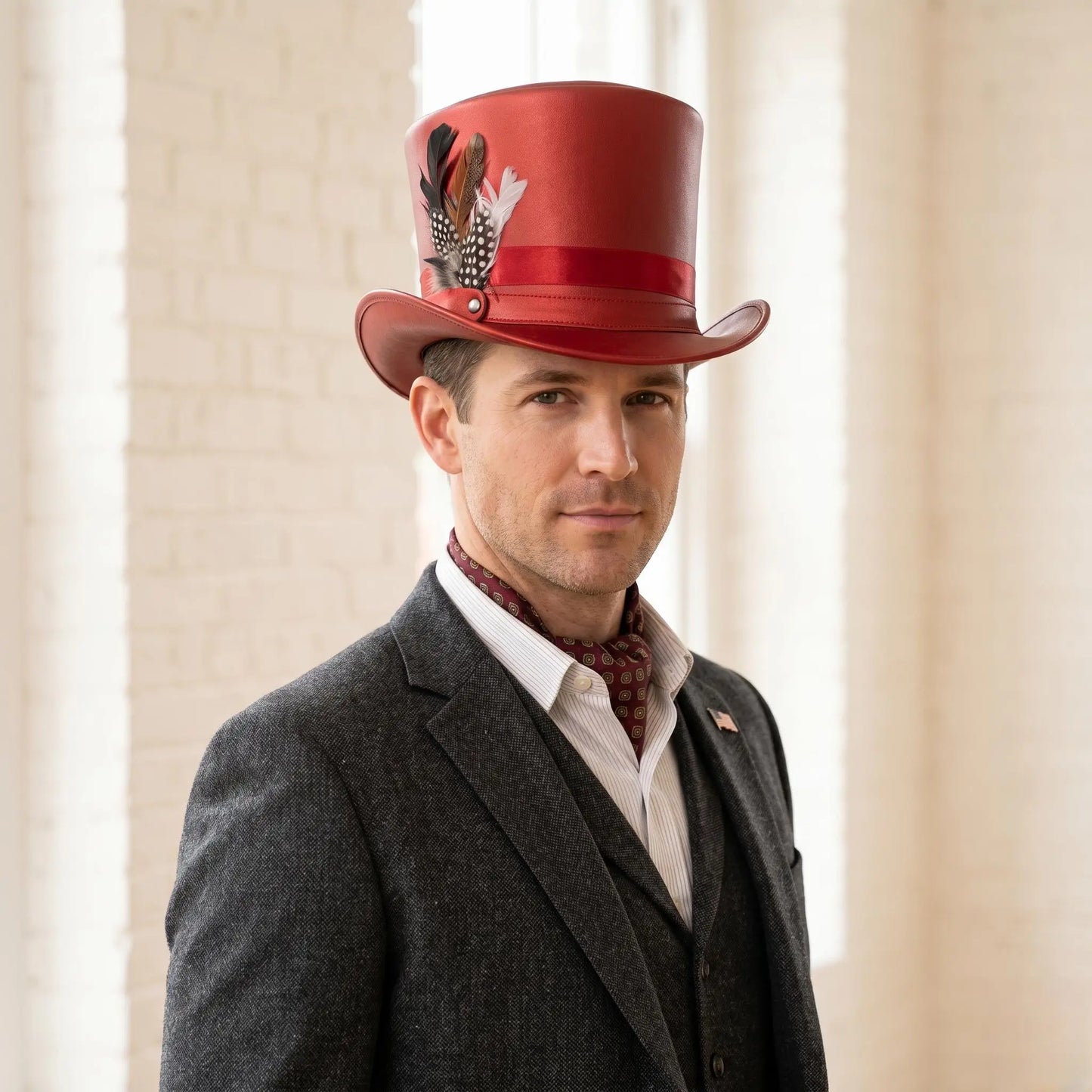 Red Metallic Leather Top Hat with Feather Accent – Steampunk & Festival Headwear