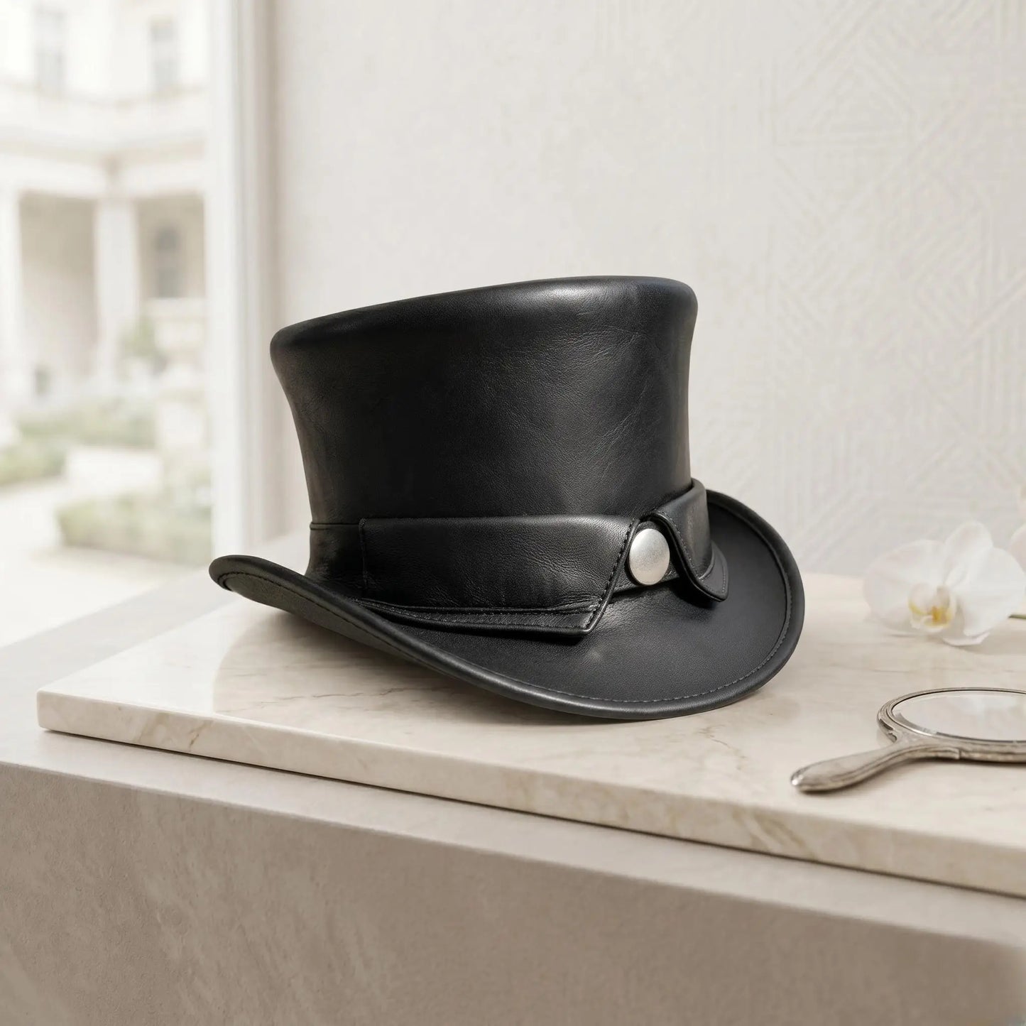 Black Leather Steampunk Top Hat Authentic Victorian Cosplay and Unisex Alternative Festival Fashion Headwear
