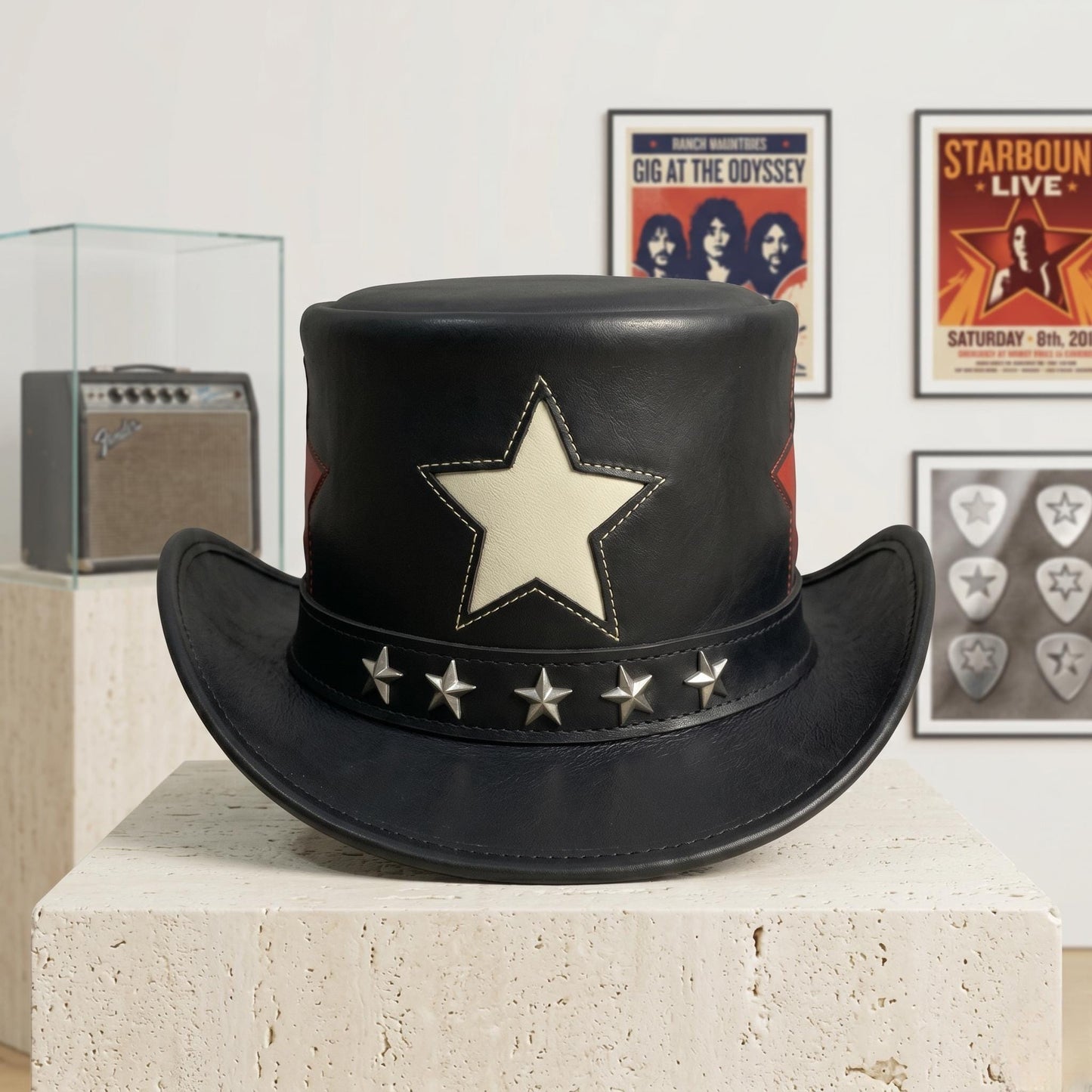 Black Leather Star Top Hat – Steampunk Gothic Rockstar Cosplay Hat
