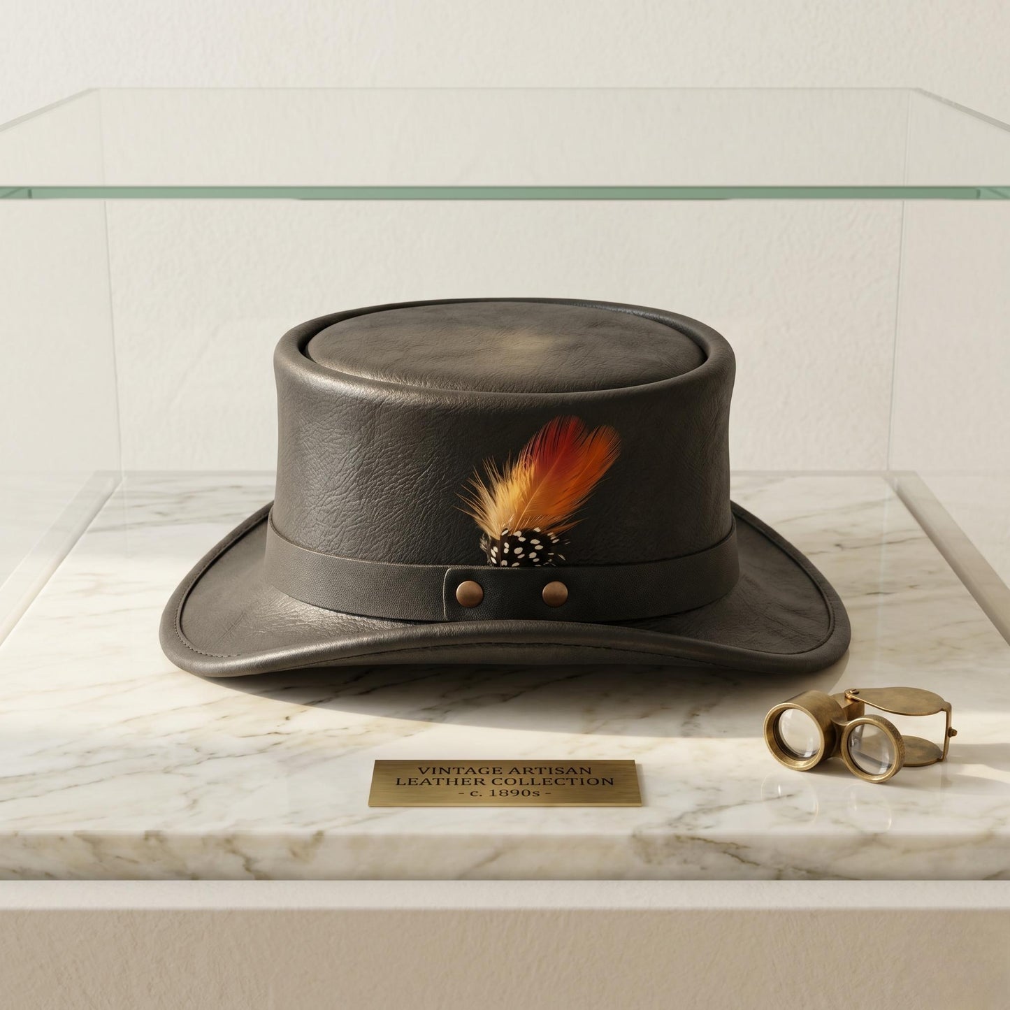 Black Leather Steampunk Top Hat with Feather Accent – Gothic & Cosplay Festival Headwear