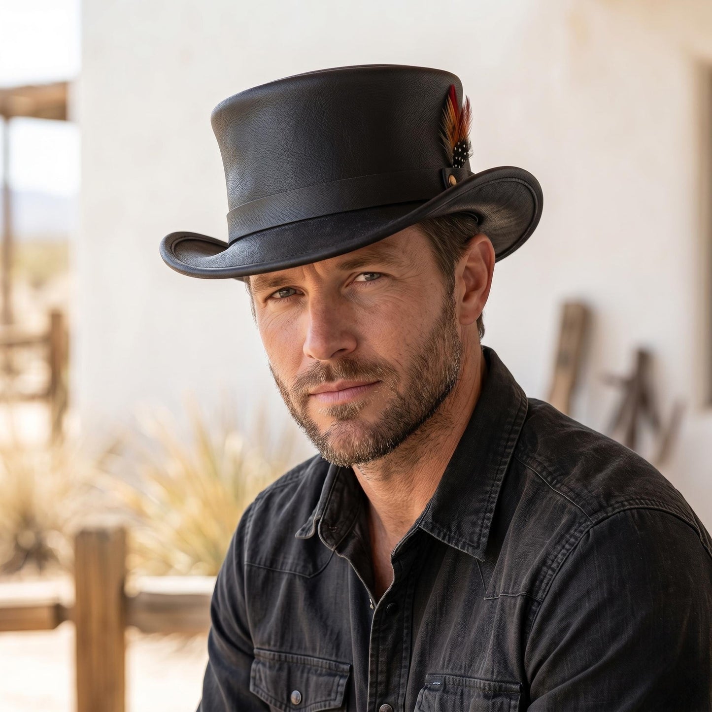 Black Leather Steampunk Top Hat with Feather Accent – Gothic & Cosplay Festival Headwear