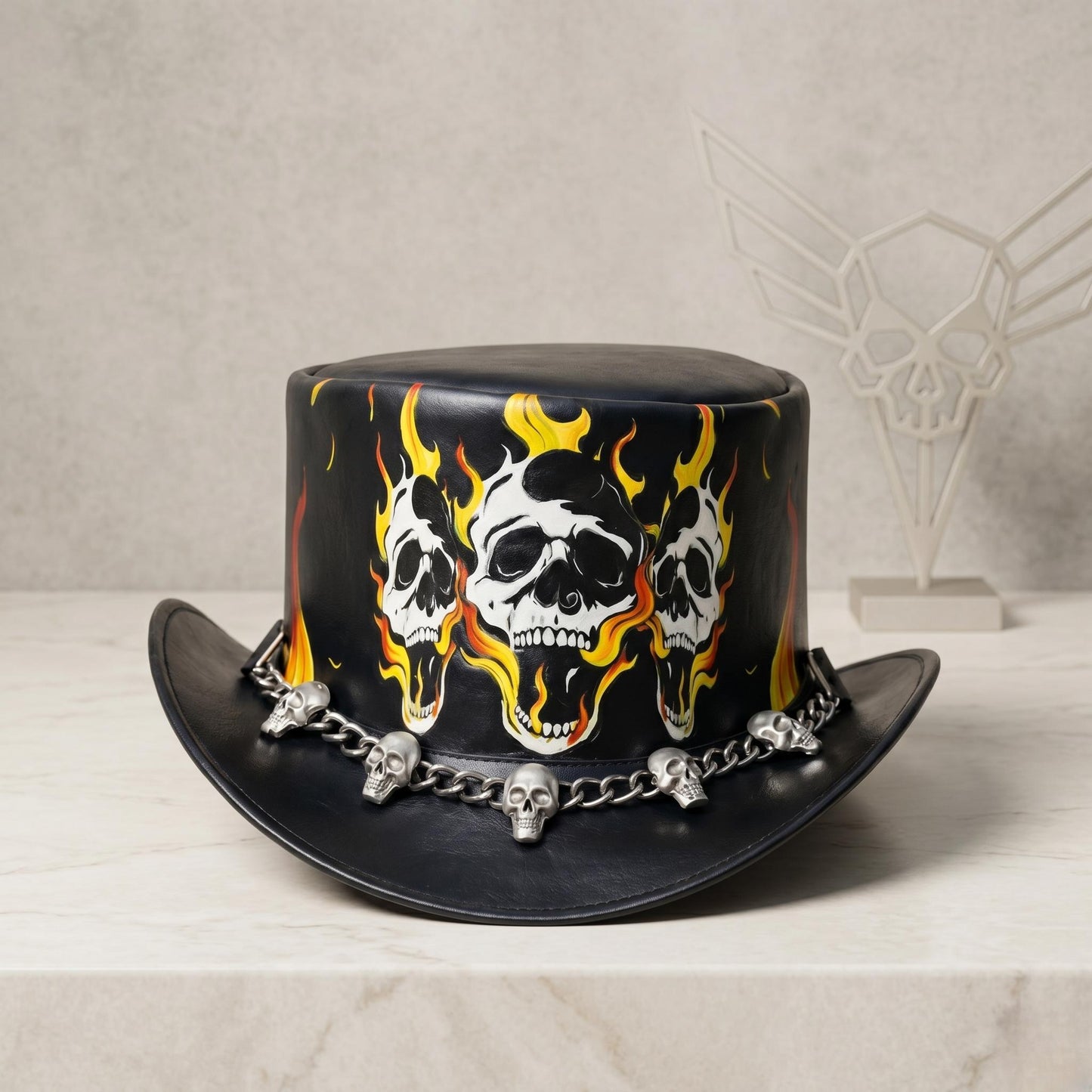 Black Leather Skull & Flame Top Hat | Gothic Biker Festival Headwear