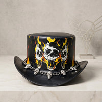 Black Leather Skull & Flame Top Hat | Gothic Biker Festival Headwear