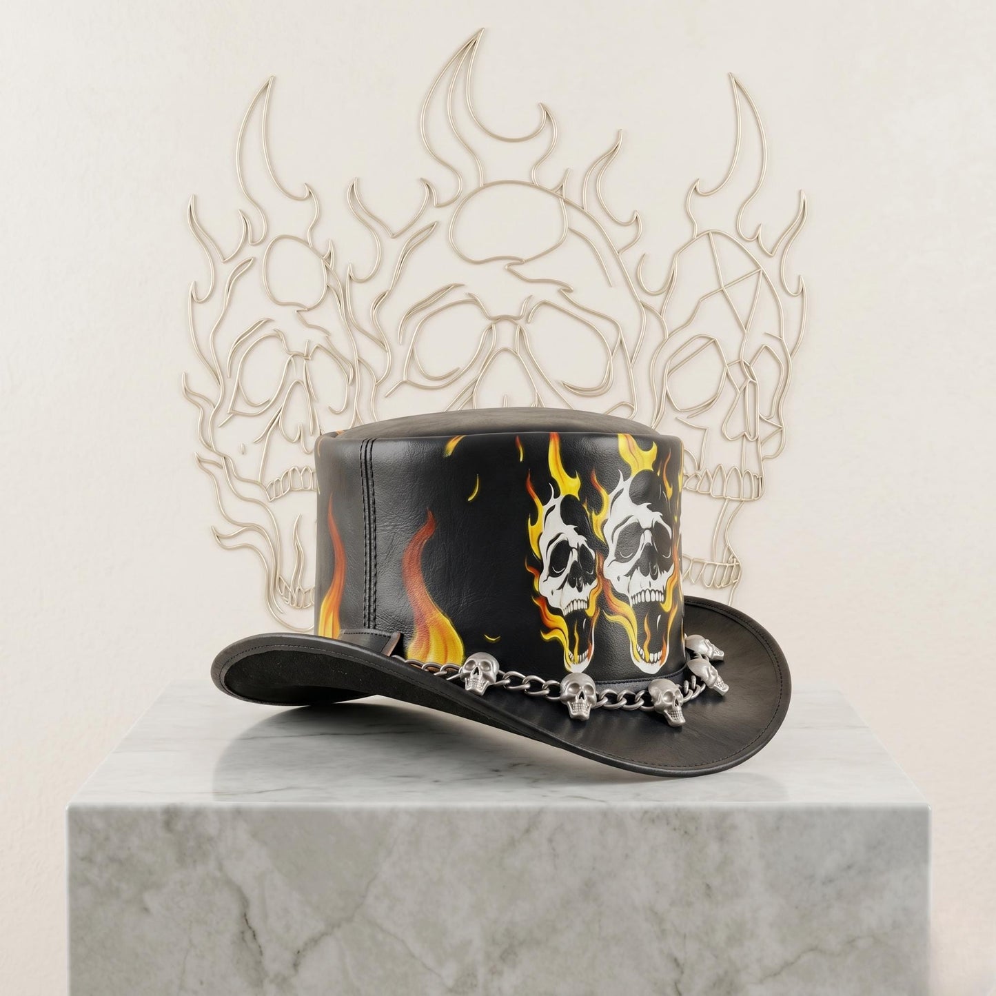 Black Leather Skull & Flame Top Hat | Gothic Biker Festival Headwear