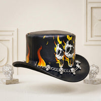 Black Leather Skull & Flame Top Hat | Gothic Biker Festival Headwear