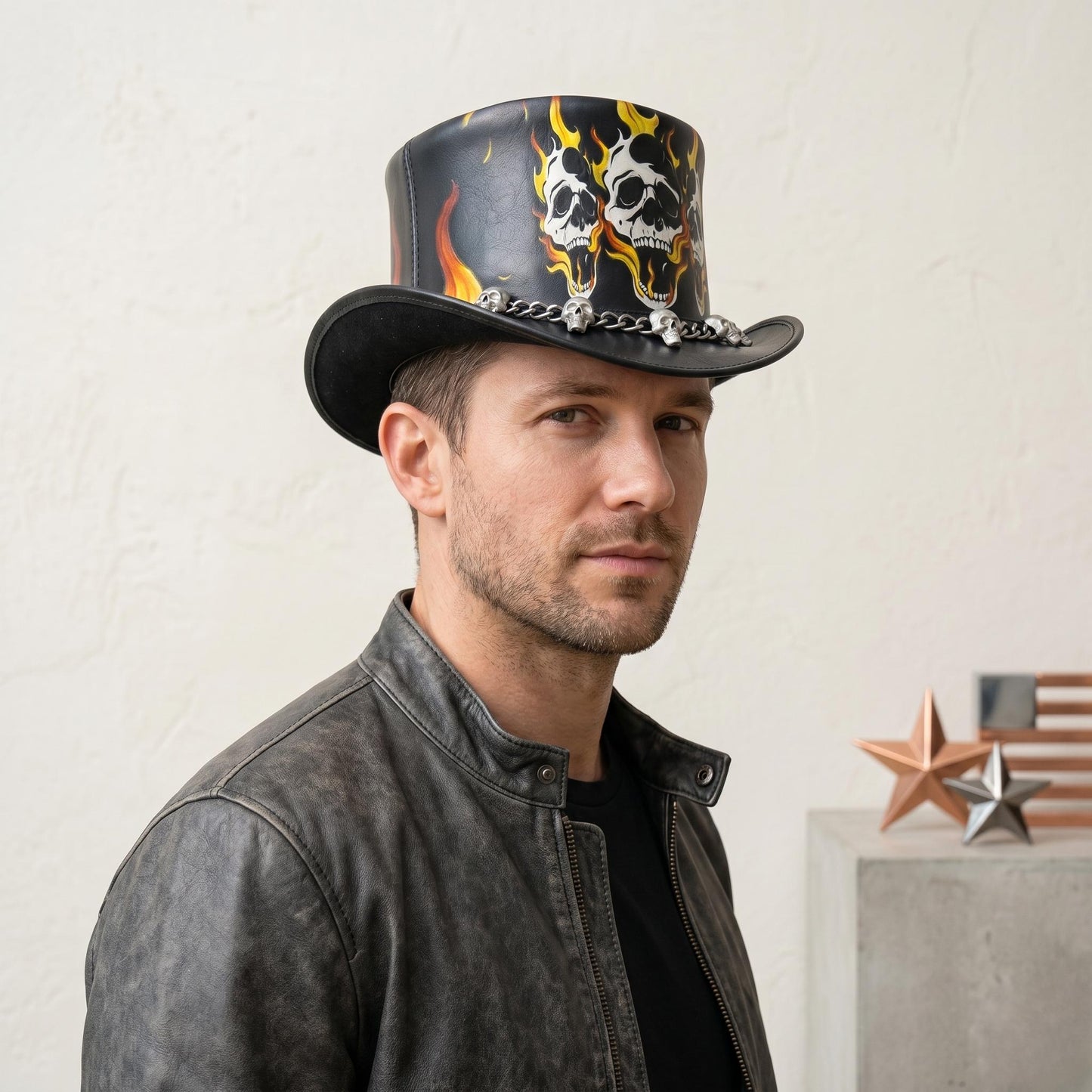 Black Leather Skull & Flame Top Hat | Gothic Biker Festival Headwear