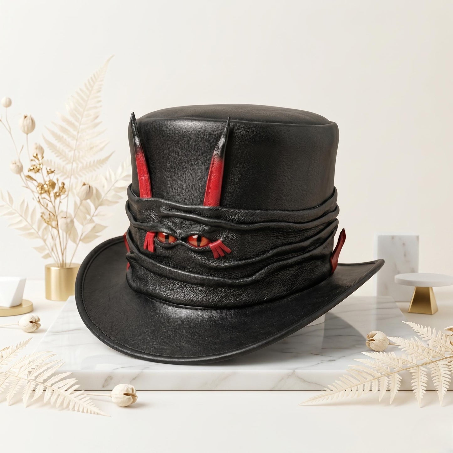 Horned Gothic Leather Top Hat – Steampunk Demon Cosplay Headwear for Festivals Halloween  Alternative Outfits