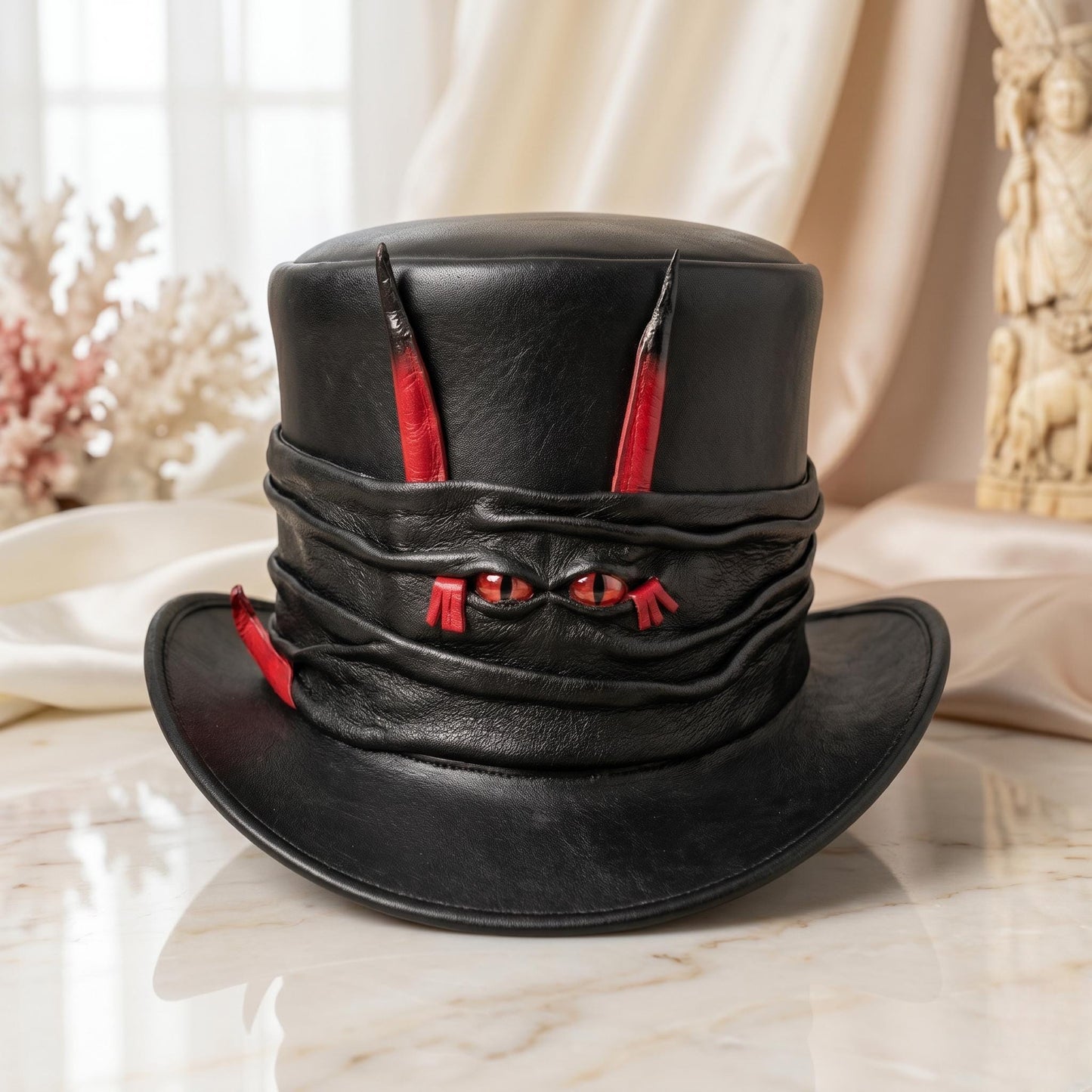 Horned Gothic Leather Top Hat – Steampunk Demon Cosplay Headwear for Festivals Halloween  Alternative Outfits