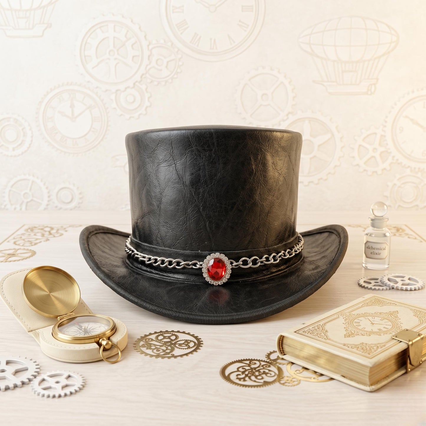 Handcrafted Steampunk Top Hat with Red Gemstone & Chain Band