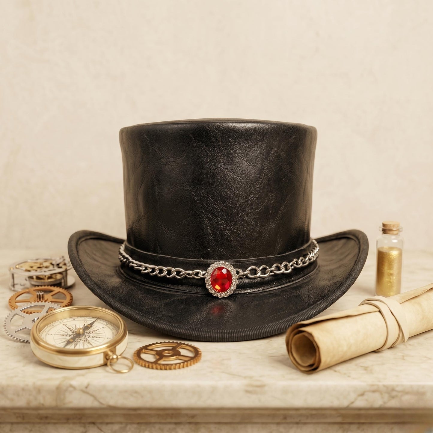 Handcrafted Steampunk Top Hat with Red Gemstone & Chain Band