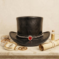 Handcrafted Steampunk Top Hat with Red Gemstone & Chain Band