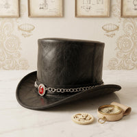 Handcrafted Steampunk Top Hat with Red Gemstone & Chain Band