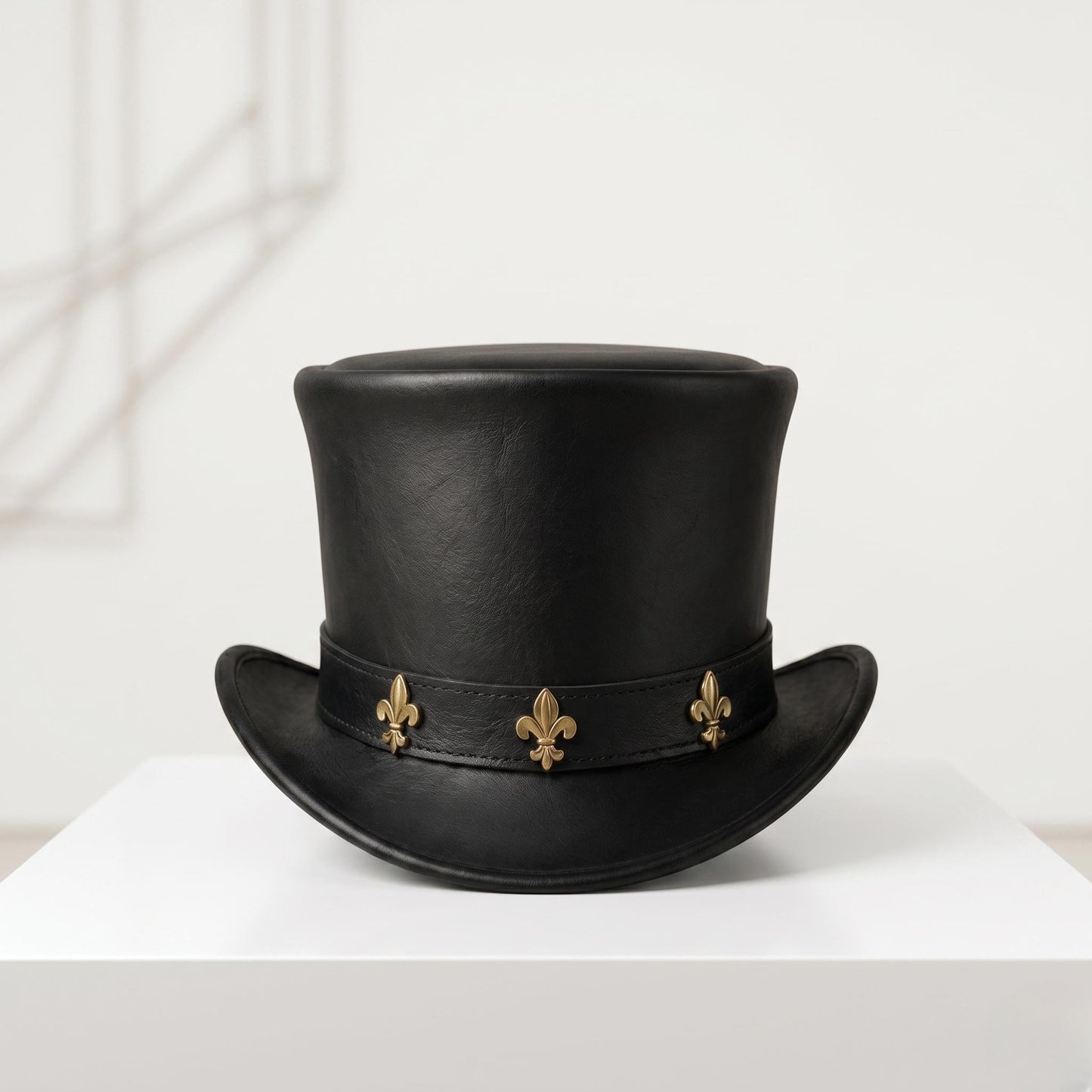 Black Leather Top Hat – Gothic Fleur-de-Lis Steampunk Accessory