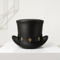 Black Leather Top Hat – Gothic Fleur-de-Lis Steampunk Accessory