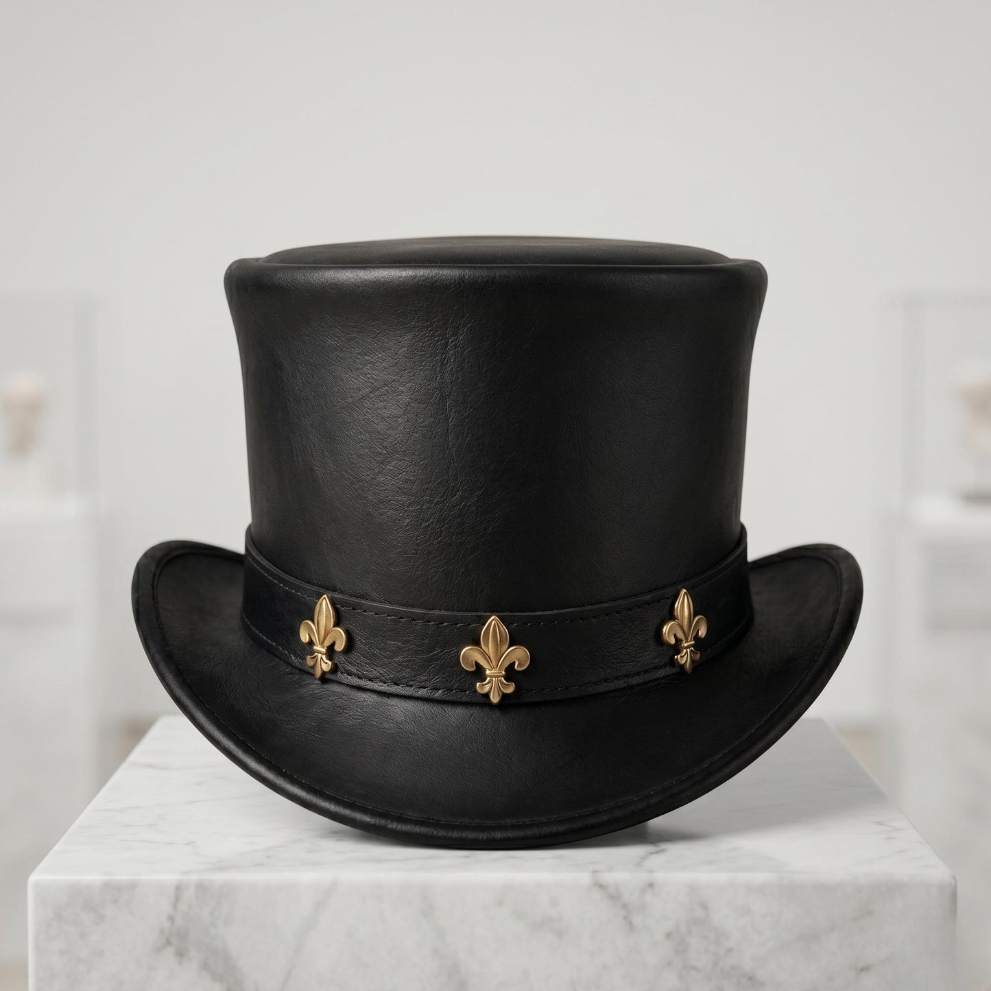 Black Leather Top Hat – Gothic Fleur-de-Lis Steampunk Accessory