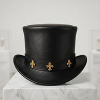Black Leather Top Hat – Gothic Fleur-de-Lis Steampunk Accessory
