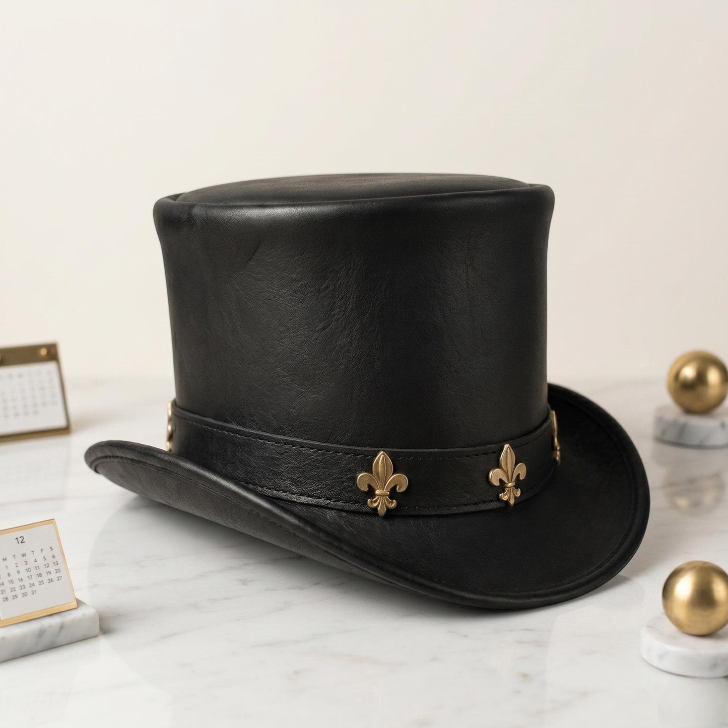 Black Leather Top Hat – Gothic Fleur-de-Lis Steampunk Accessory