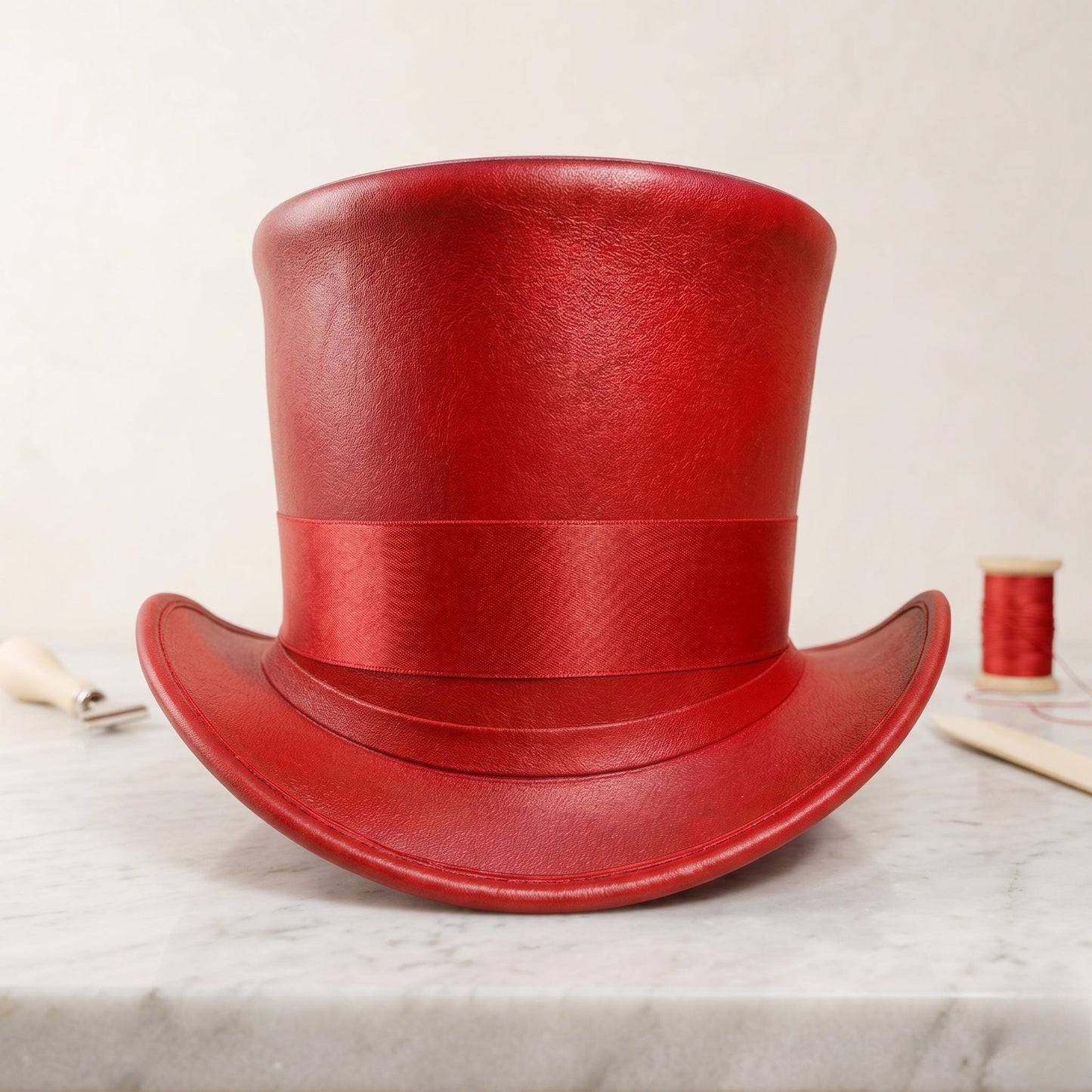 Crimson Avant-Garde Handcrafted Leather Top Hat | Victorian & Steampunk Cosplay