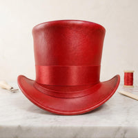 Crimson Avant-Garde Handcrafted Leather Top Hat | Victorian & Steampunk Cosplay