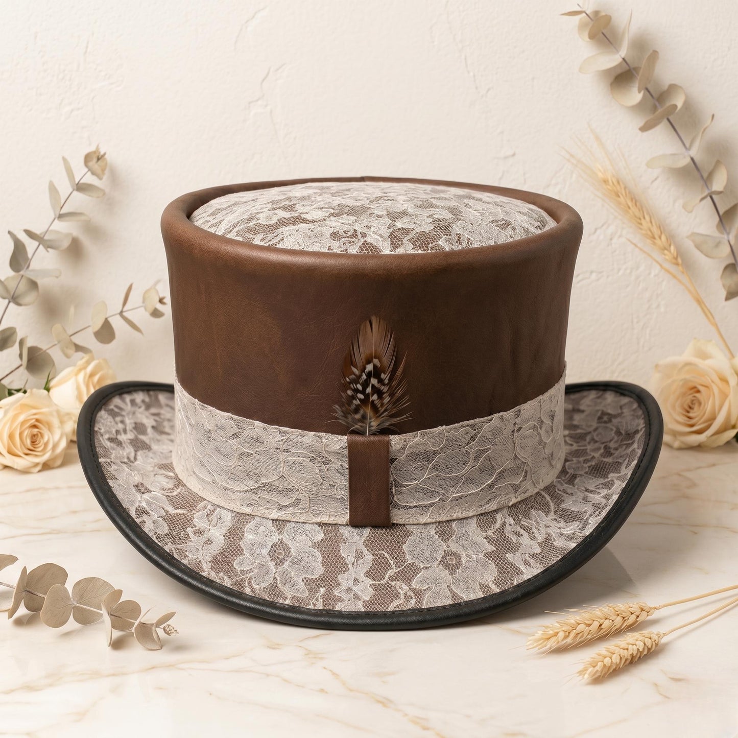 Leather Steampunk Top Hat with Victorian Lace Band