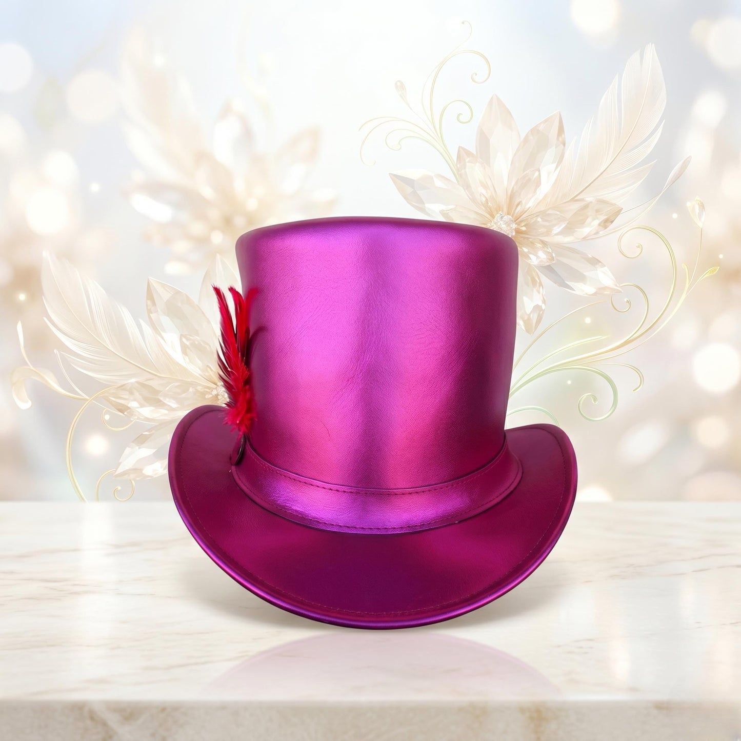 Metallic Pink Leather Steampunk Top Hat – Luxury Victorian Cosplay & Festival Headwear