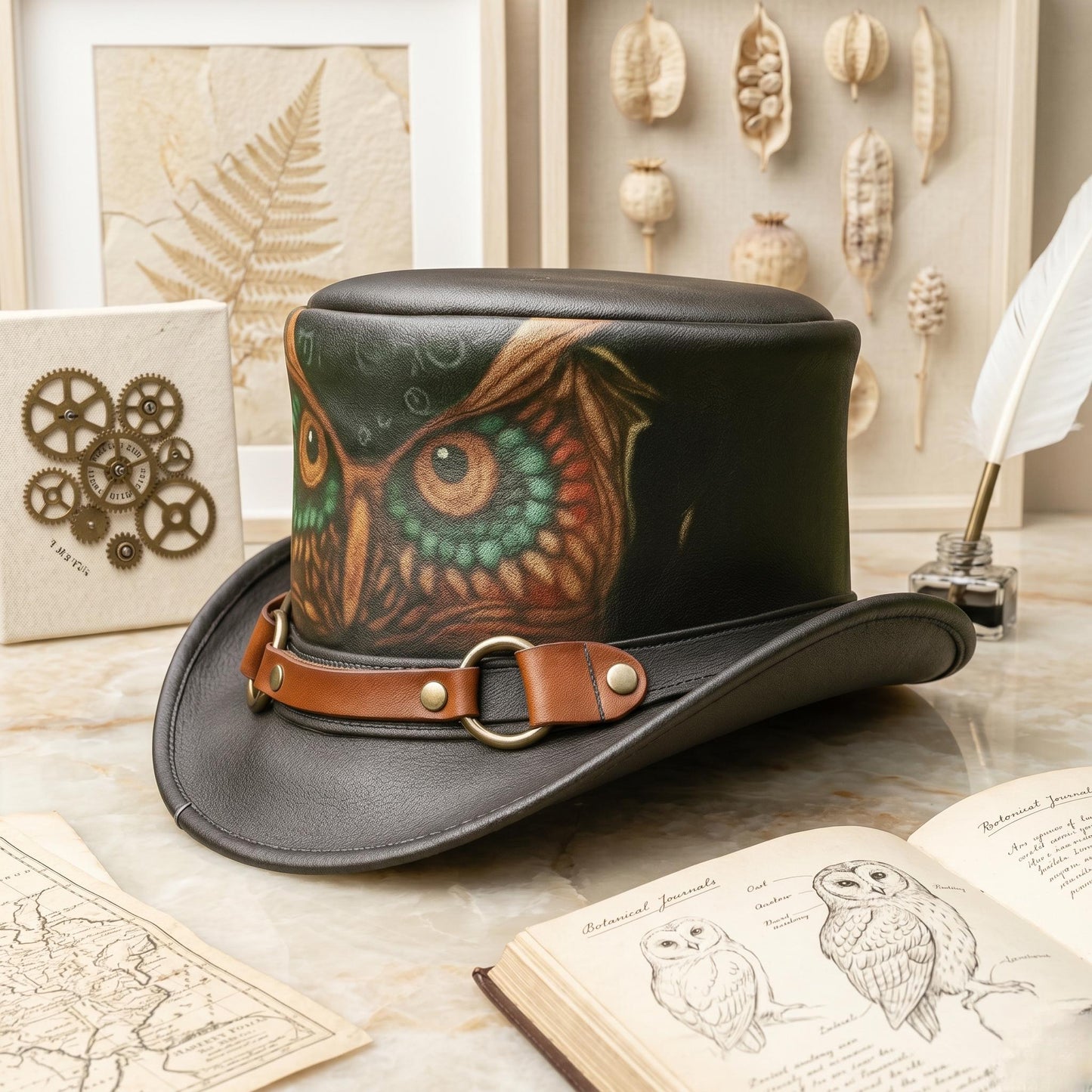 Stand Out in Style: Handmade Owl Leather Top Hat