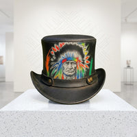 Hand-Painted Steampunk Leather Top Hat – Gothic Festival Wearable Art