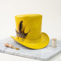 Yellow Leather Top Hat with Feather – Victorian Steampunk Costume Hat