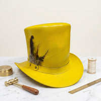 Yellow Leather Top Hat with Feather – Victorian Steampunk Costume Hat